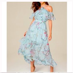 Bebe Off Shoulder Crinkle Chiffon Maxi Dress